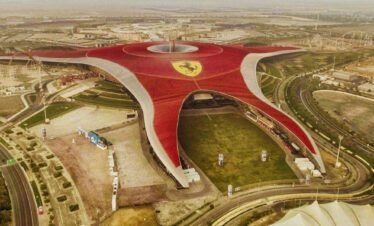 Ferrari World theme park entrance with iconic red roof on Yas Island Abu Dhabi