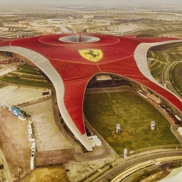 Ferrari World theme park entrance with iconic red roof on Yas Island Abu Dhabi