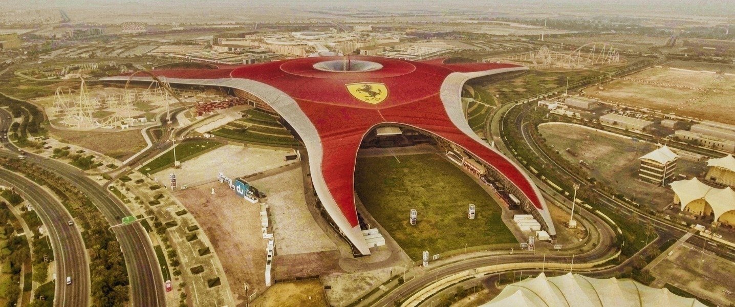 Ferrari World theme park entrance with iconic red roof on Yas Island Abu Dhabi